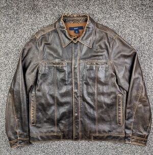 Vintage 2002 Gap Jacket Leather Aviator Snap Button Lined Brown Mens Medium Y2K